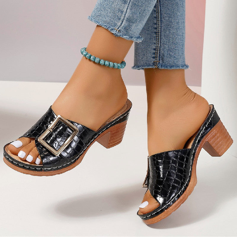 Crocodile-textured Buckle Sandals