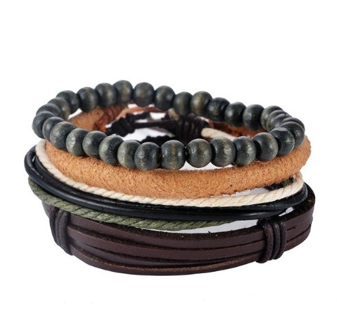 Pulsera de cuero para hombre, pulsera de cuentas multicapa, pulseras envolventes Punk para mujer, joyería Vintage punk para hombre