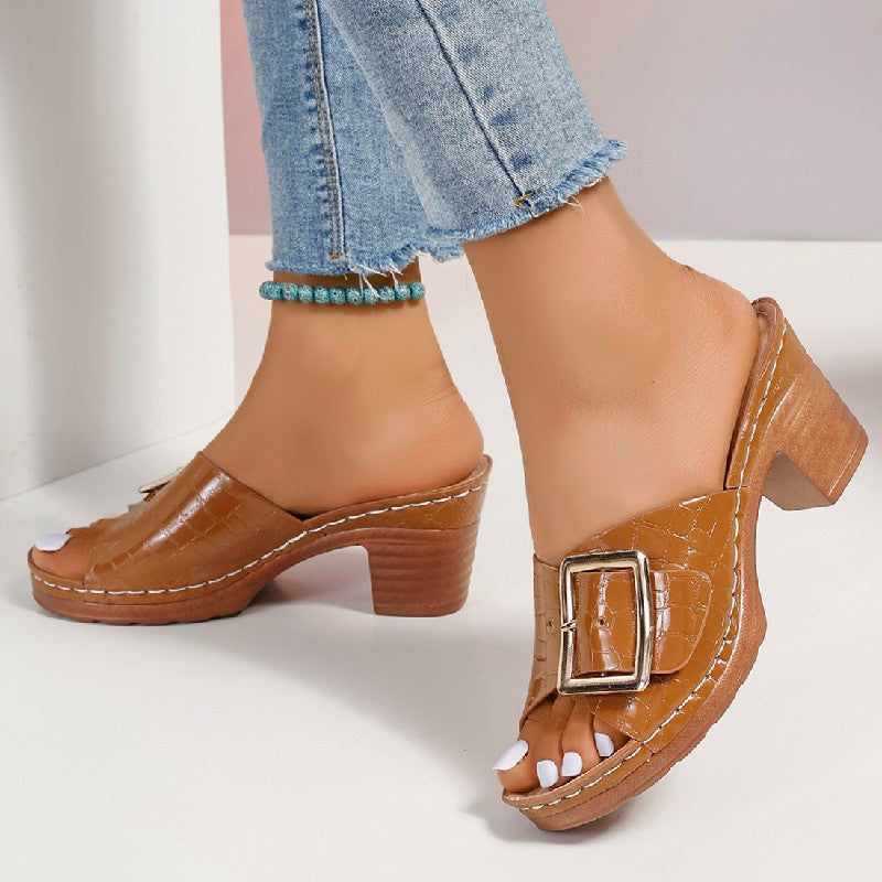 Crocodile-textured Buckle Sandals