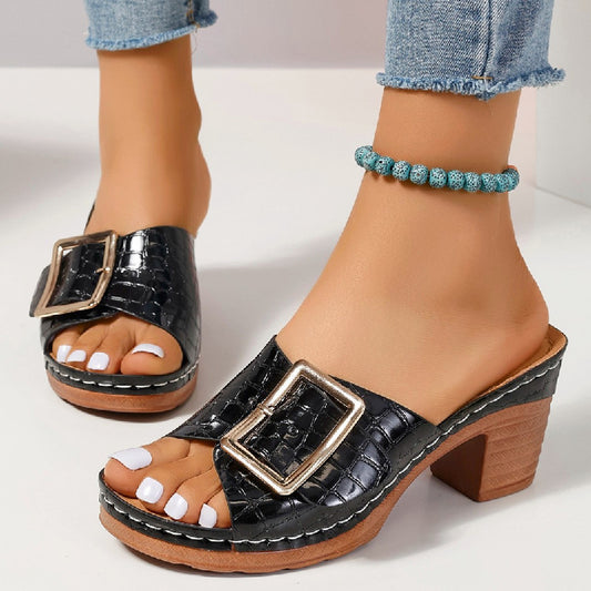 Crocodile-textured Buckle Sandals